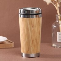 Gala Bamboo Mug - Stainless Steel + Bamboo Wood, 500ml Capacity , Spill Proof With Screw Style Opening & Rubberized Base For Grip