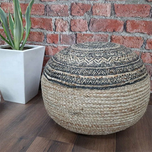 Printed Handcraft Jute Ottoman pouffe Beige and Black