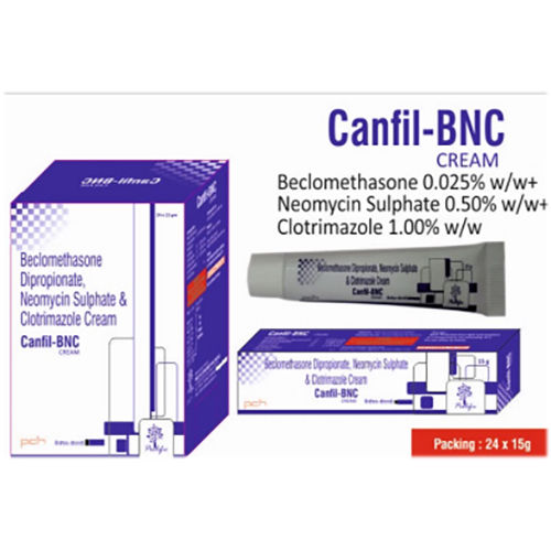 Canfil-Bnc Cream Ingredients: Beclomethasone 0.025%+Neomycin 0.5% +
Clotirmazole 1%