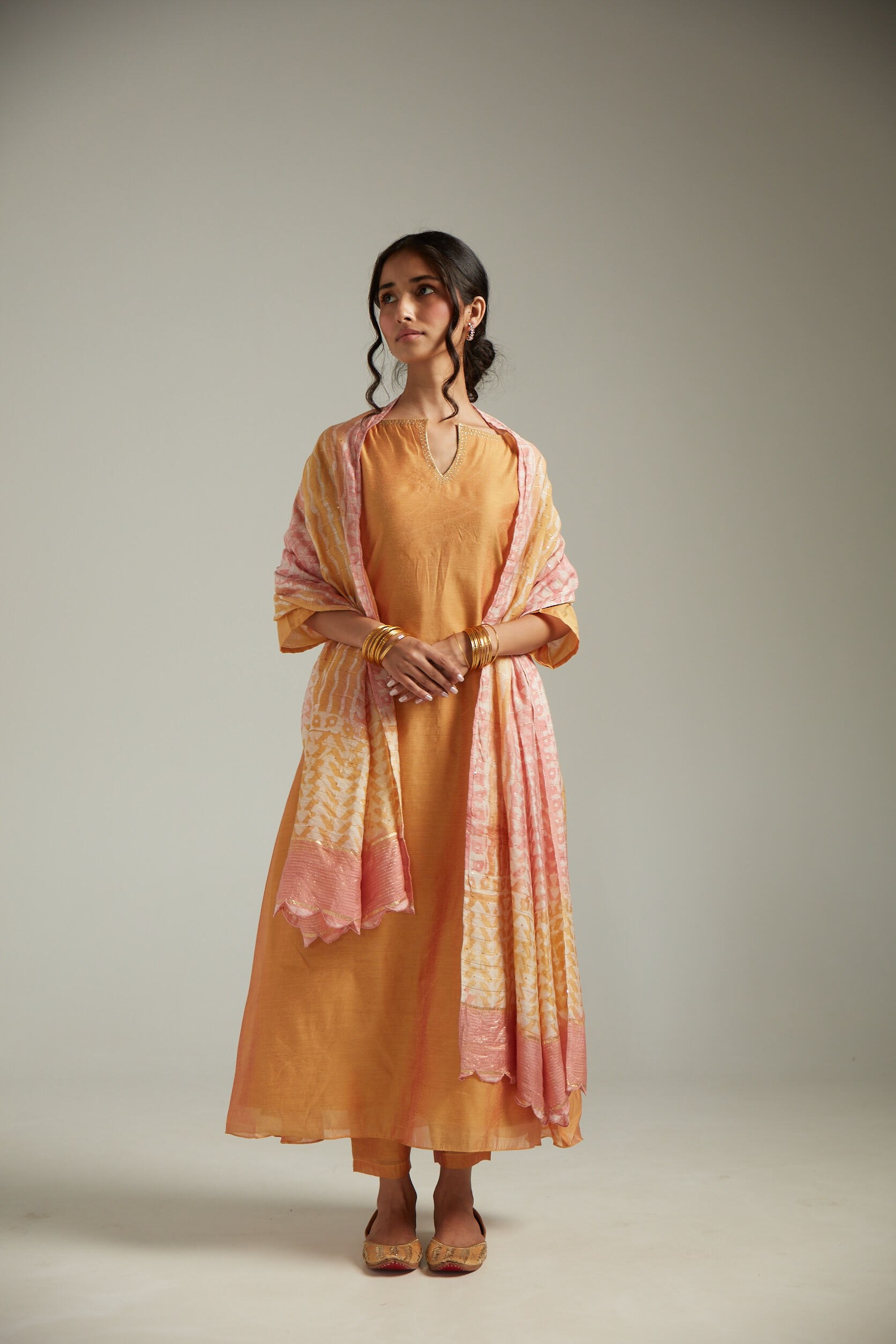 TAFFY PINK GLASS CHANDERI EMBROIDERED STRAIGHT KURTA PANT SET WITH TIE AND DYE DUPATTA