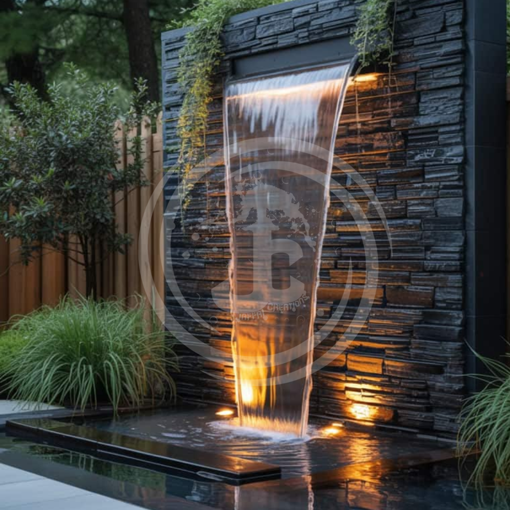 Garden Cascade Wall Fountain - Cement & Natural Stones, Ht-6 Feet x 4 Feet , Waterproof Wiring, Submersible Pump, RGB LED Light Control