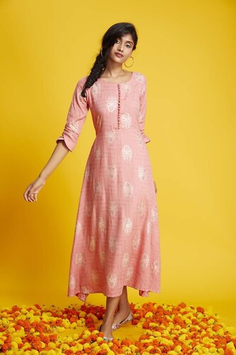 PEACH PRINTED RAYON A-LINE DRESS