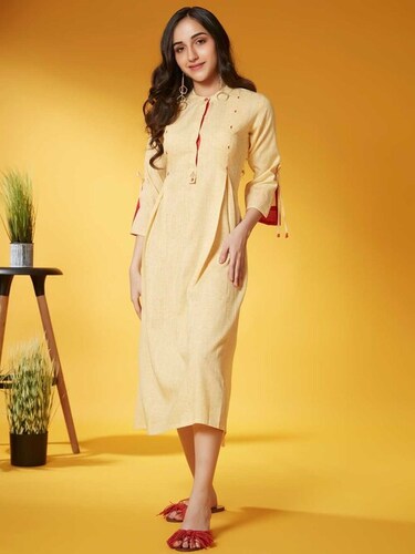 YELLOW WEAVE COTTON A LINE DRESS