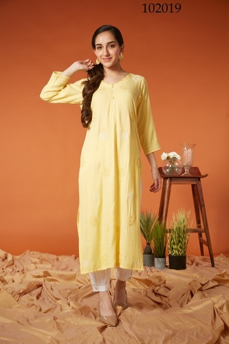 YELLOW EMBROIDERED VISCOSE RAYON STRAIGHT KURTA SET