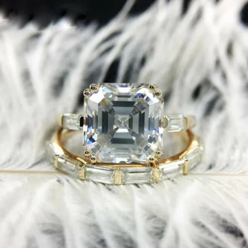 Diamond Solitaire Engagement Ring Asscher Cut Bridal Ring Set