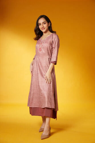 Purple Embroidery Viscose Cotton A Line Dress