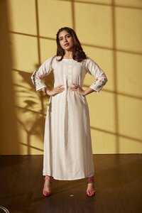 Indian Off White Embroidered Handloom Straight Kurta Set