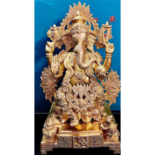 Durable Brass Ganesh Statue Carving On Lotus Base Idol