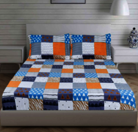 3d Bedsheet - King Size 220x240 Cm | Vibrant Orange, Blue, White & Grey Colors With Eye-catching 3d Design For Home Bedroom Decor