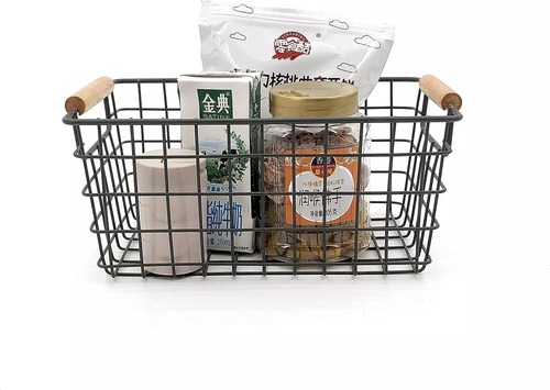 Basket 1 - Metal 14x14x3 cm | Black Iron Basket with Wooden Handles Weighs 350 Grams Stylish and Functional Storage Solution