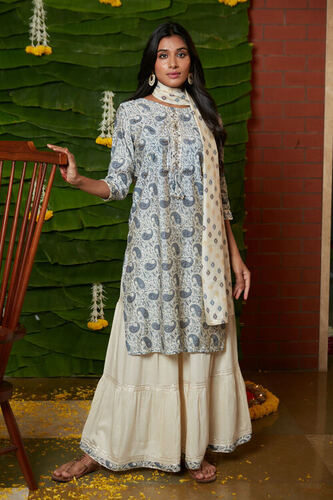 OFF-WHITE PRINTED MUSLIN EMBROIDERED STRAIGHT KURTA SHARARA SET WITH DUPATTA