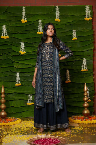 NAVY BLUE PRINTED MUSLIN EMBROIDERED STRAIGHT KURTA SHARARA SET WITH DUPATTA