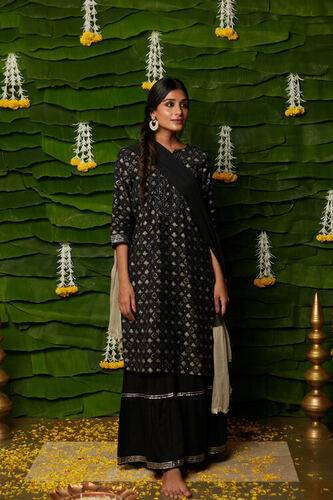 BLACK PRINTED MUSLIN EMBROIDERED STRAIGHT KURTA SHARARA SET WITH DUPATTA