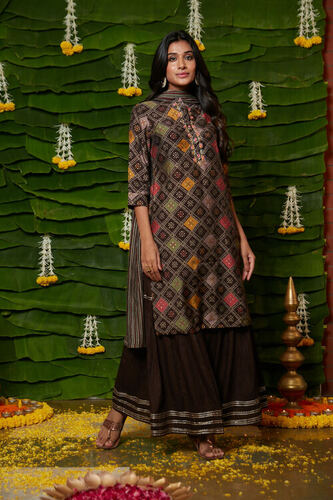 DARK BROWN PRINTED MUSLIN EMBROIDERED STRAIGHT KURTA SHARARA SET WITH DUPATTA