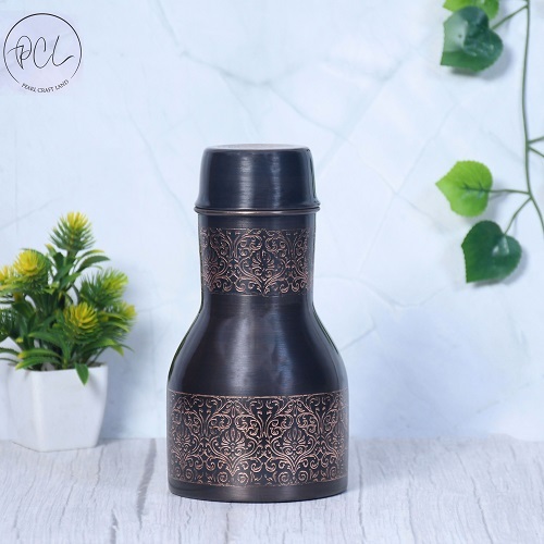 Pure Copper Bedside Charlie Jar Antique Etching with In-Built Glass Capacity 1000ML