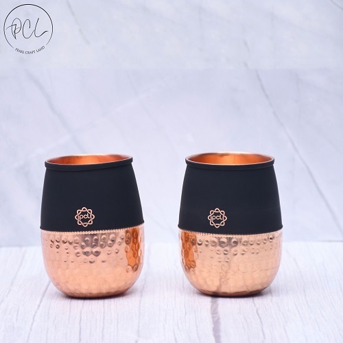 Pure Copper Water Glass Set - 250ML Hand-Hammered Texture Silk Black Finish Elegant Dholak Design Durable 20 Gauge Thickness