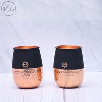 Pure Copper Water Glass Set - 250ml, Hand-hammered Texture, Silk Black Finish, Elegant Dholak Design, Durable 20 Gauge Thickness