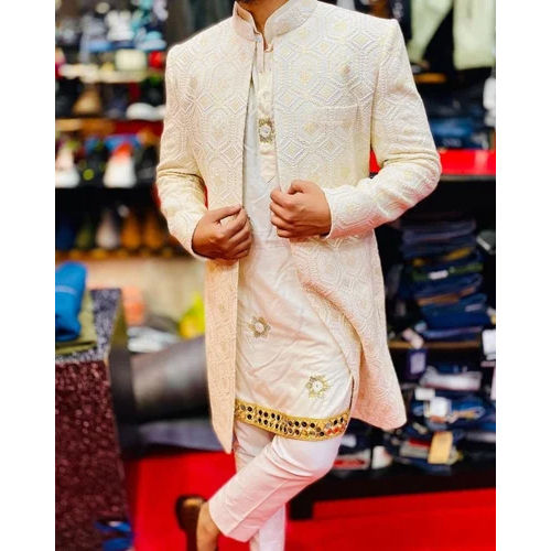 White Floral Design Sherwani Fabric