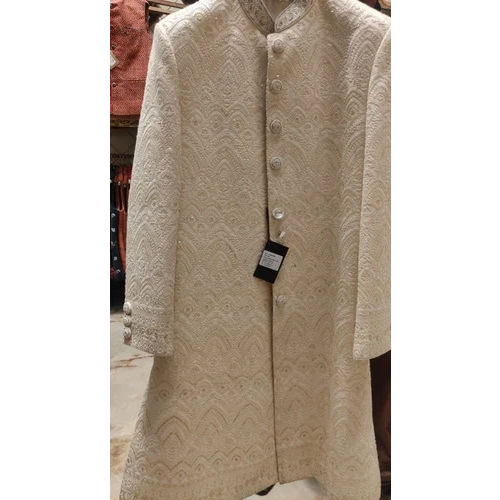 White Silk Embroidered Sherwani Fabric