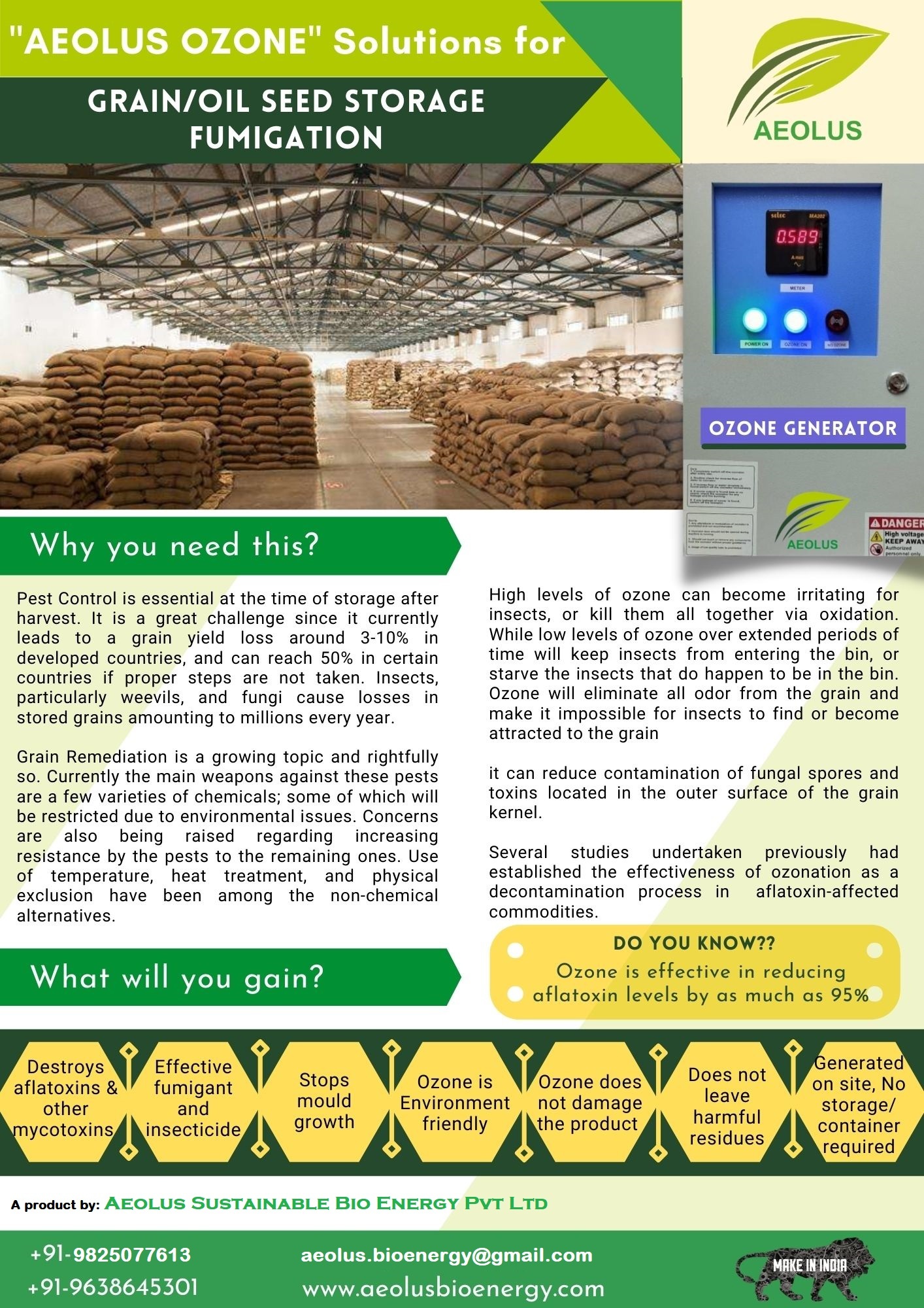 Grain and Oil Seed Storage Fumigation with Ozone by Aeolus