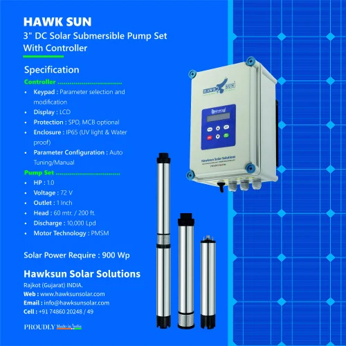 3 1HP DC CI Solar Submersible Pump Set with Controller
