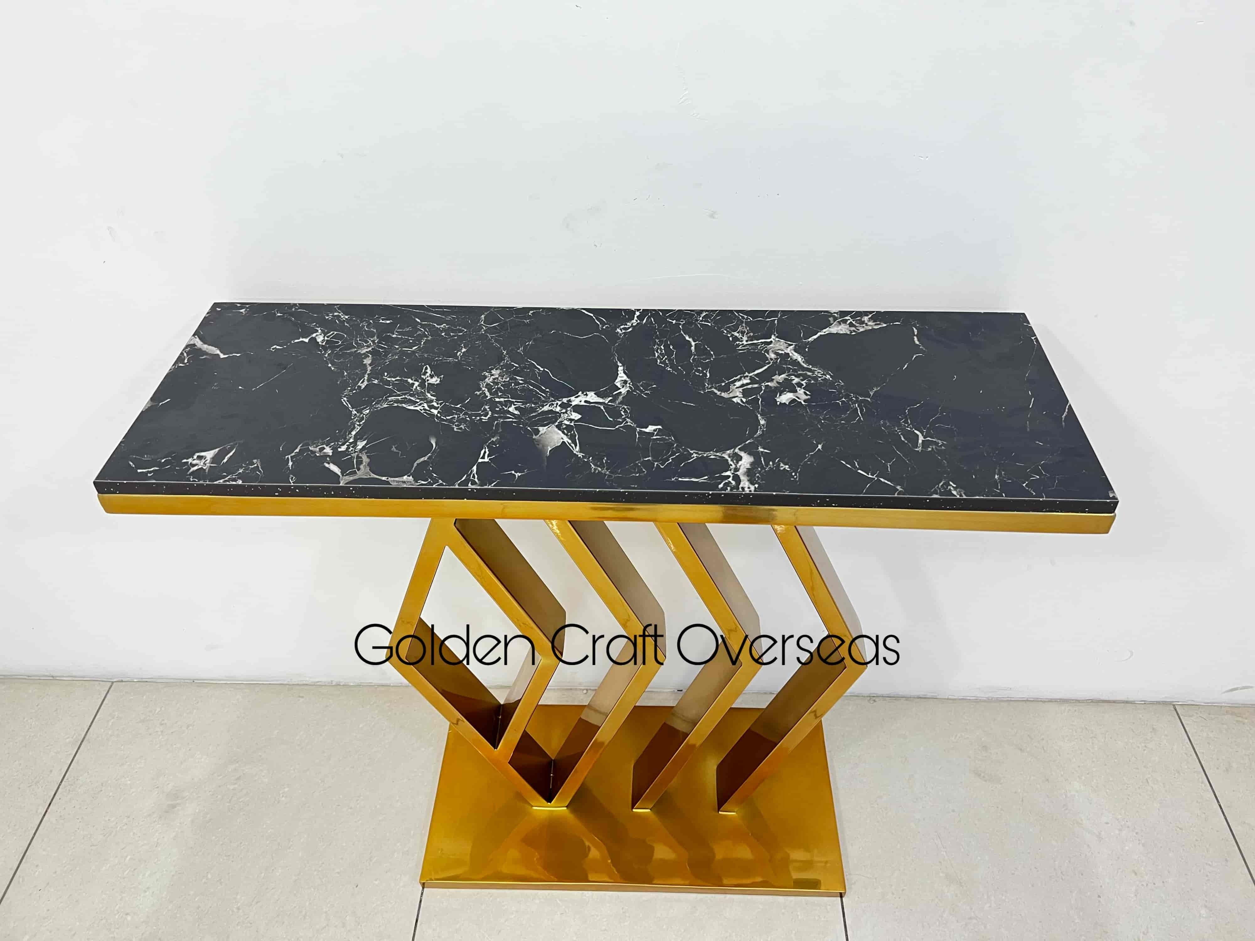 SS Console Table With Black Marble Top With Gold Glossy TPR Finish