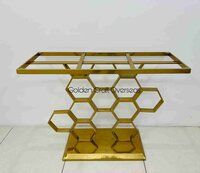 Honey Comb Console Table in Stainless Steel with White Natural marble Top