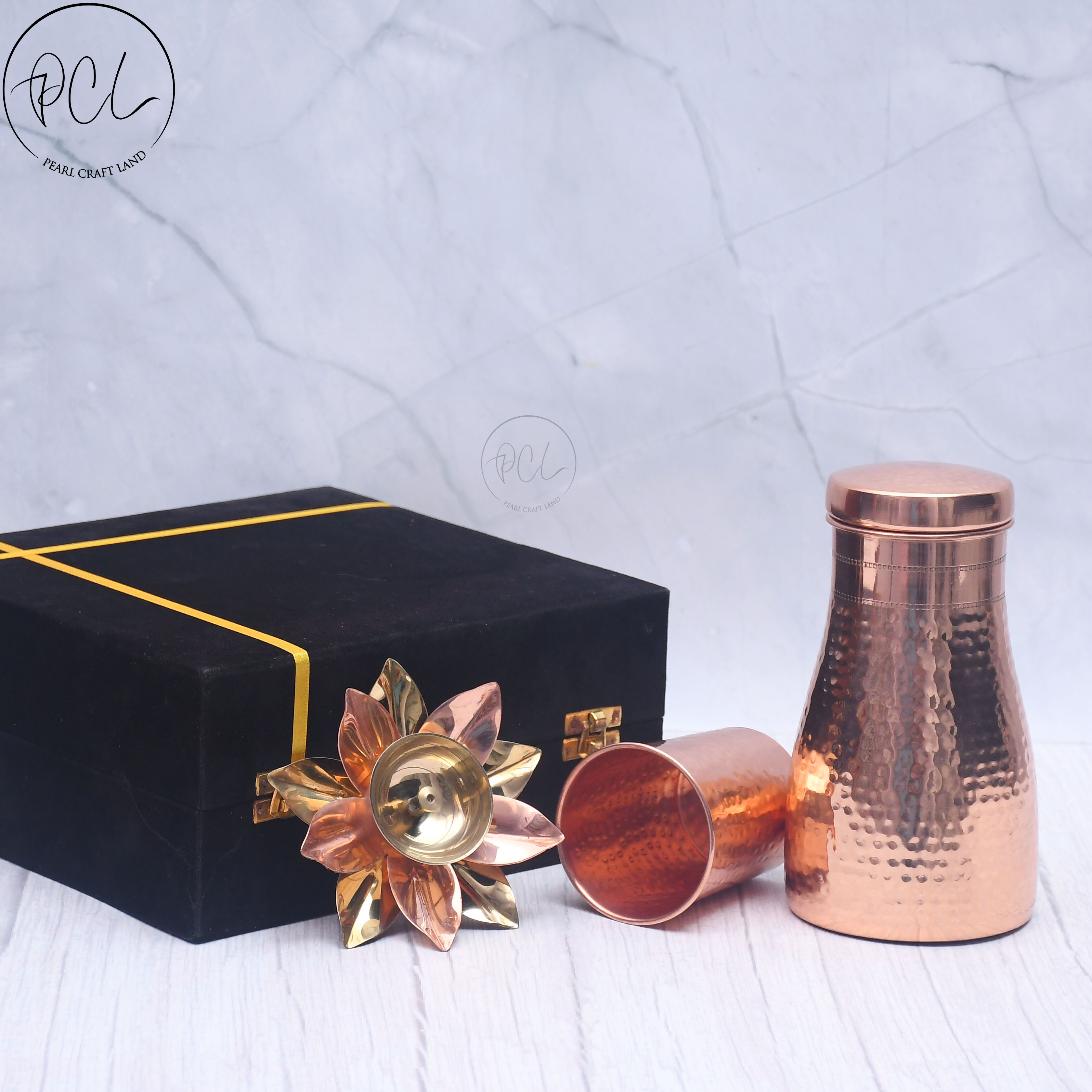 Exclusive Combo of Copper Bedroom Jar with Glass and Pooja Lotus Diya with Royal Gifting Box