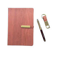Promotional Notebook With Pen Set - Wooden Material, Customised Size, Mix Color, 165 Pages, Double Lined, Hard Bound Softcover
