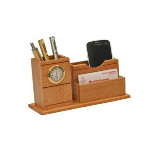 Wooden Pen Stand With Clock And Card Holder