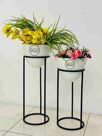 Black and White Planter Set of 2 Oval pots and straight stands for floral decorations