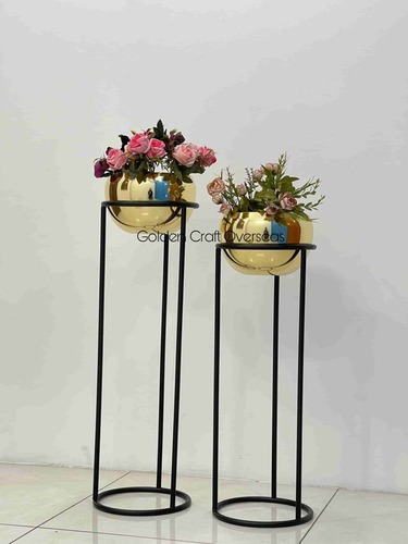 Gold Plated Planter Set of 2 with matte black powder coated stands