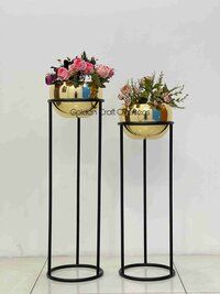Gold Plated Planter Set of 2 with matte black powder coated stands