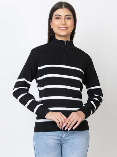 Women Sweater - Wool Blend, Medium to XXL Sizes | Long Sleeve, Black and White Plain Design