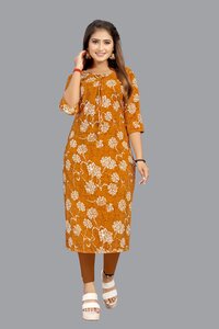 Women Crepe Kurti - Crepe Fabric, Customized Size, 44 Inches Length, Yellow Color, Printed Pattern, 3/4 Sleeve Style, Trendy Daily Wear