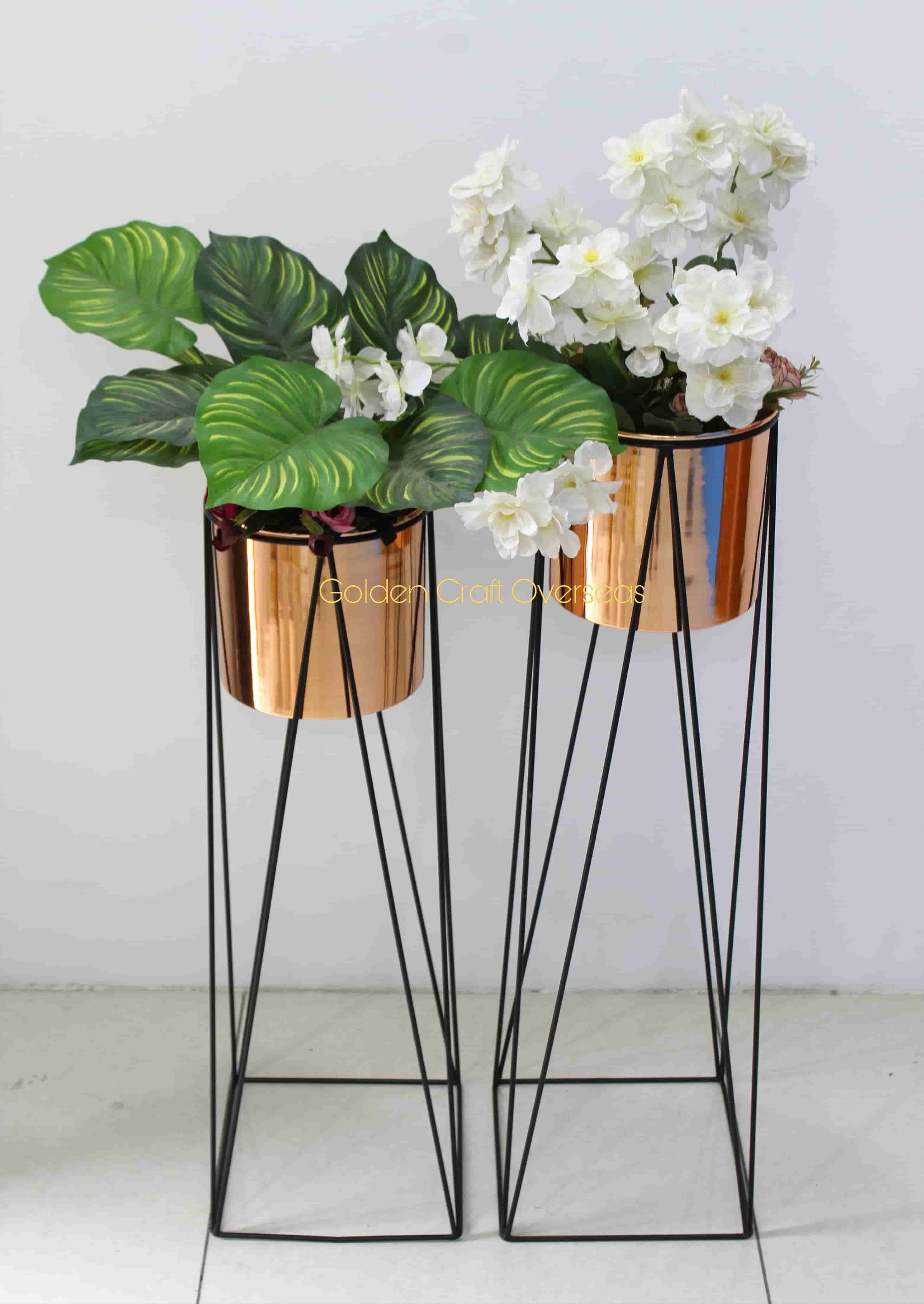 Rose Gold Plated Planter Set of 2 with black stand powder coated finish for garden decorations