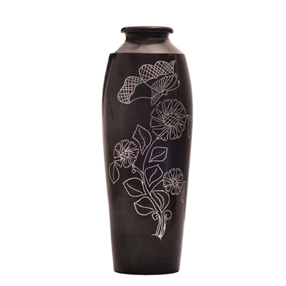 Black Pottery Engraved Flower Vase - Bottom Diameter: 3 Inch (In)