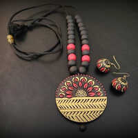 Hand Painted Terracotta Necklace Set - Terracotta Clay, Customized Size, Earthy Reddish-Brown to Orange-Brown Colors | Styled for Women, Includes Brooch Pins