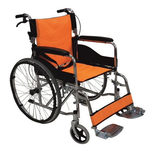 KW 369BO - CHROMED STEEL FRAME WHEELCHAIR WITH BACK FOLDING and BRAKE ASSIST - ORANGE COLOUR