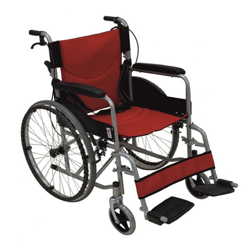 KW 370BR - POWDER COATED FRAME WHEELCHAIR WITH BACK FOLDING and BRAKE ASSIST - RED COLOUR