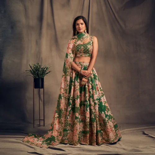 Wedding Wear Printed Lehenga Choli - Color: Green