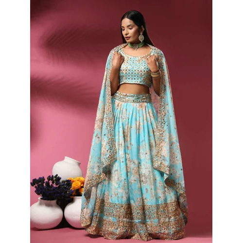 Sky Blue Embroidered Hand Work Lehenga Choli