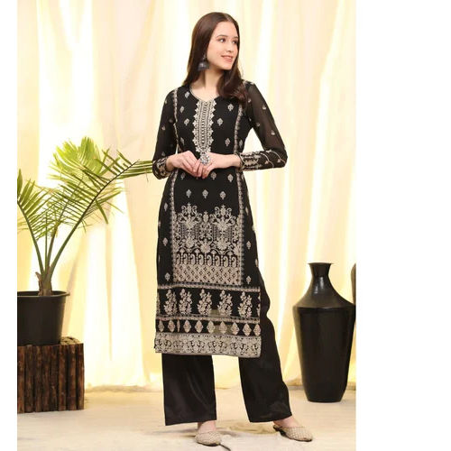 Breathable Georgette Black Embroidered Palazzo Suit