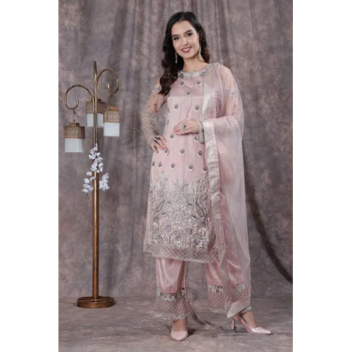 Net Pink Party Wear Palazzo Suit