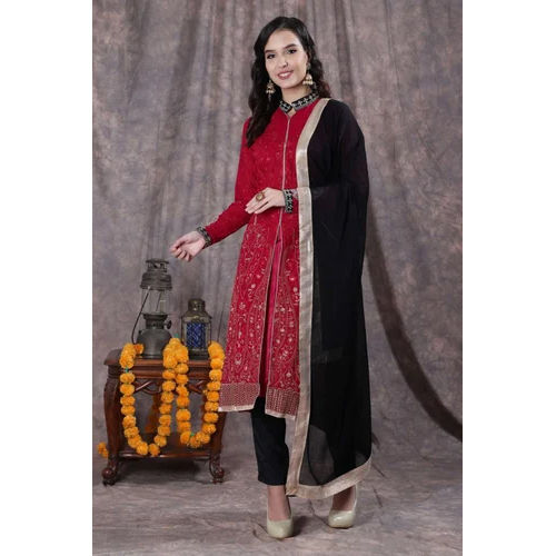 Red & Black High Slit Semi Stitched Ladies Suit