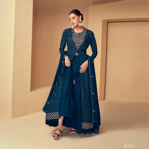 Georgette Blue High Slit Sharara Suit