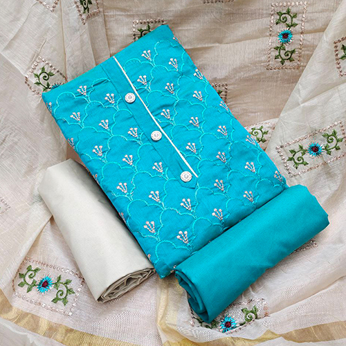 A9 Firozi Color Chikan Dress Materials