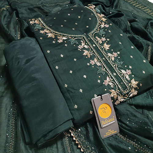Ladies Green Chikan Dress Material