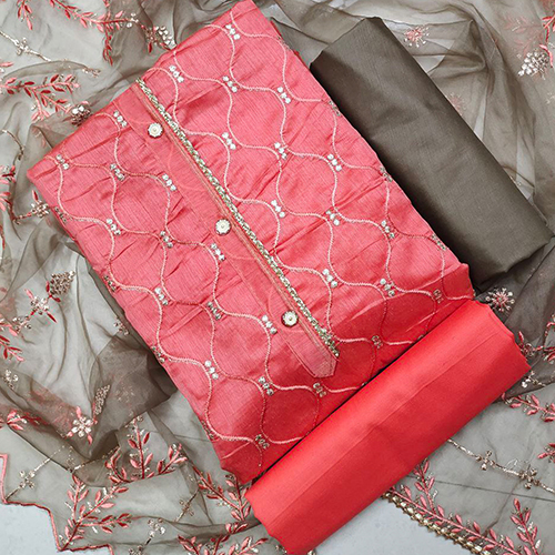 A10 Red Chikan Dress Material