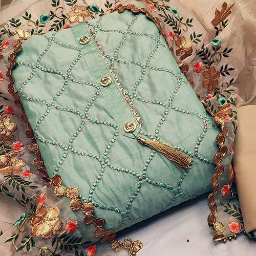 Chikan Mintgreen Printed Dress Material